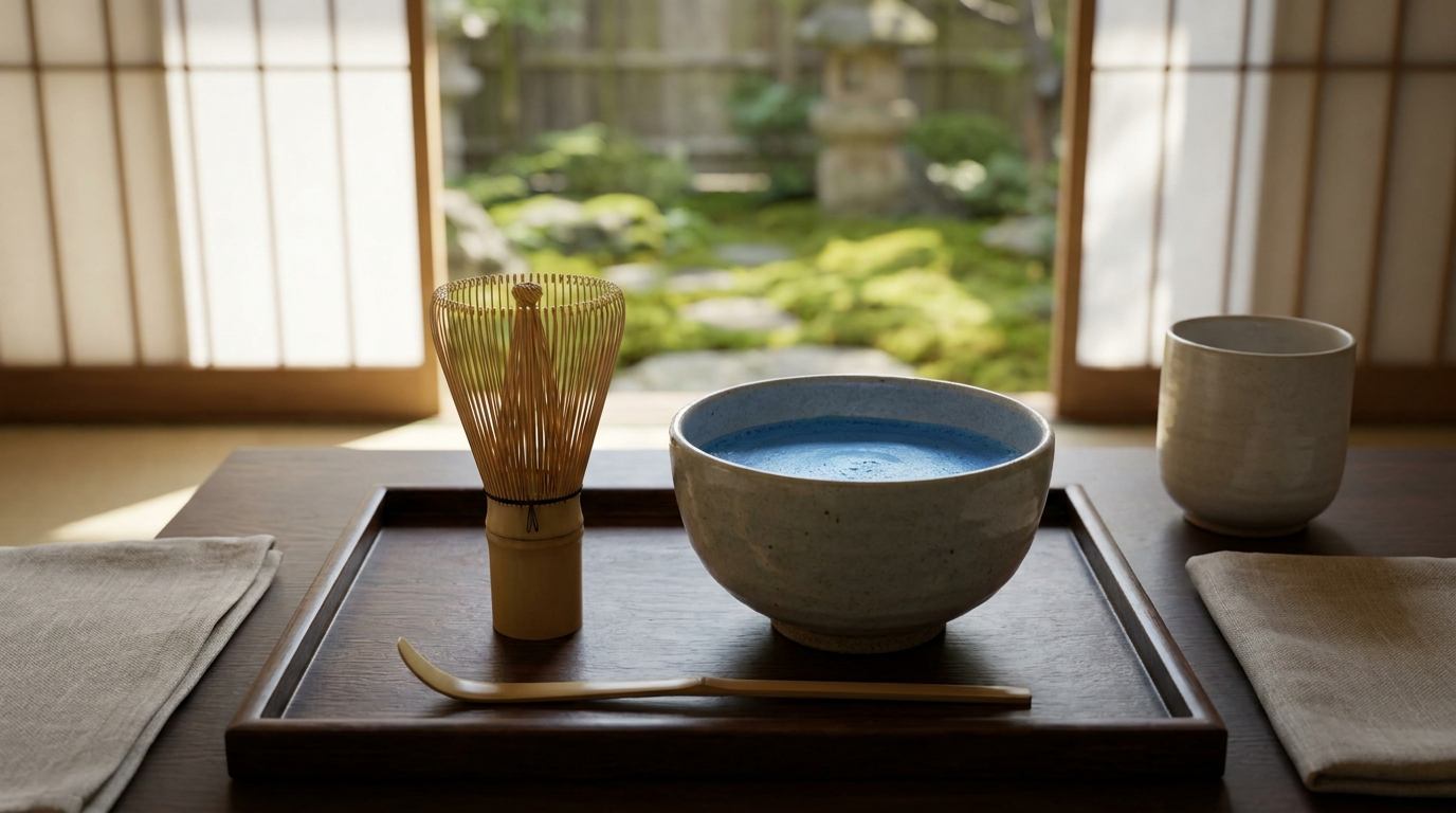 Blue tea bowl with Japanese garden