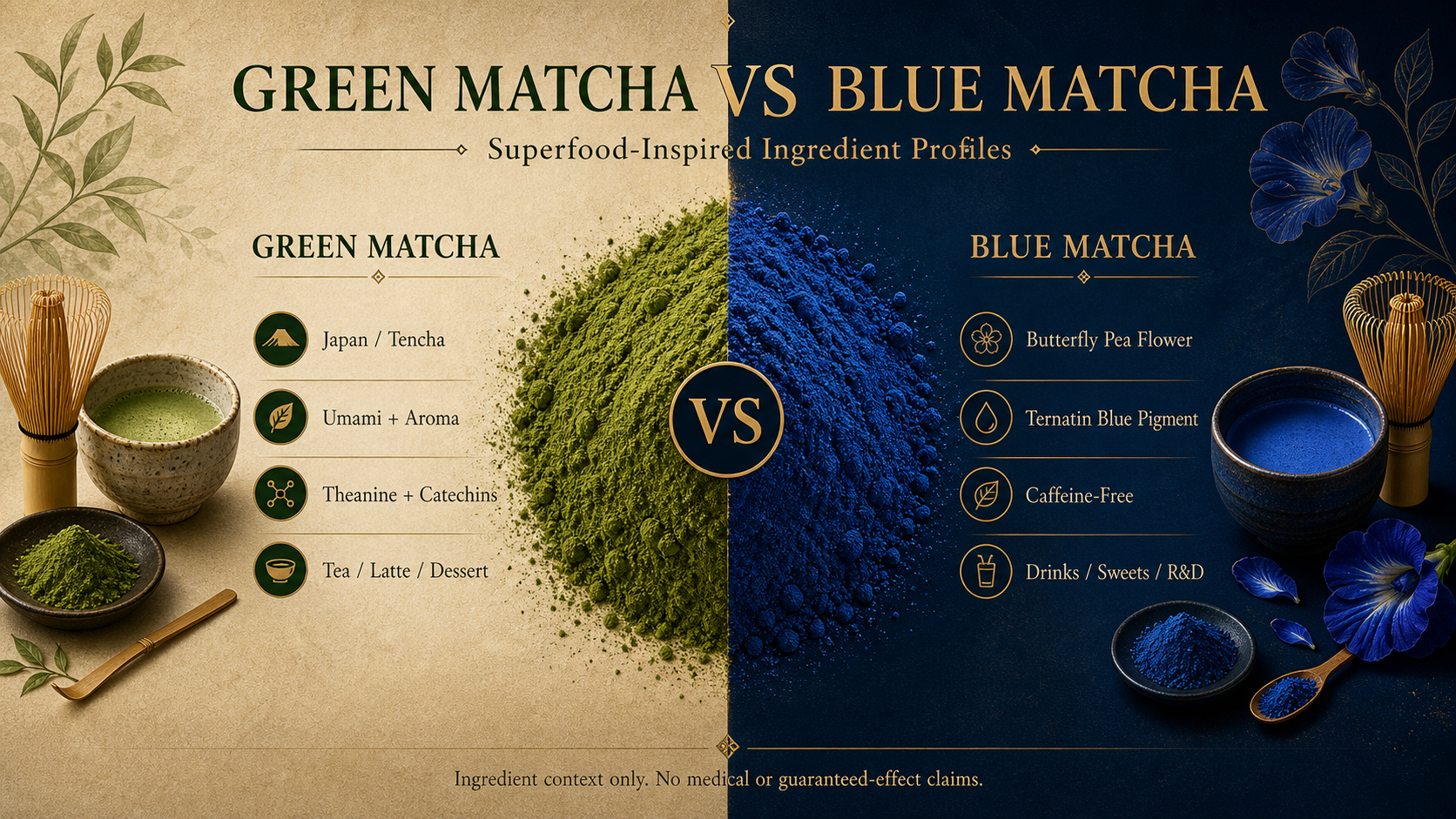 Green Matcha vs Blue Matcha superfood-inspired ingredient profiles with green and blue powders meeting at the center