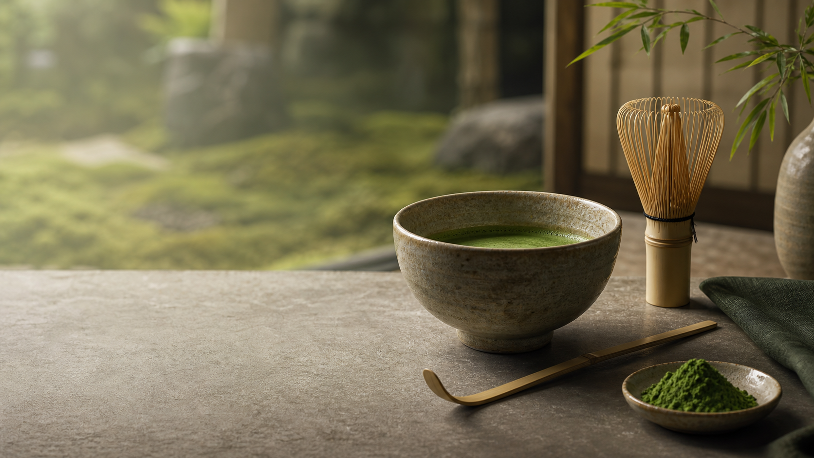 Ohmi Matcha green tea bowl and bamboo whisk