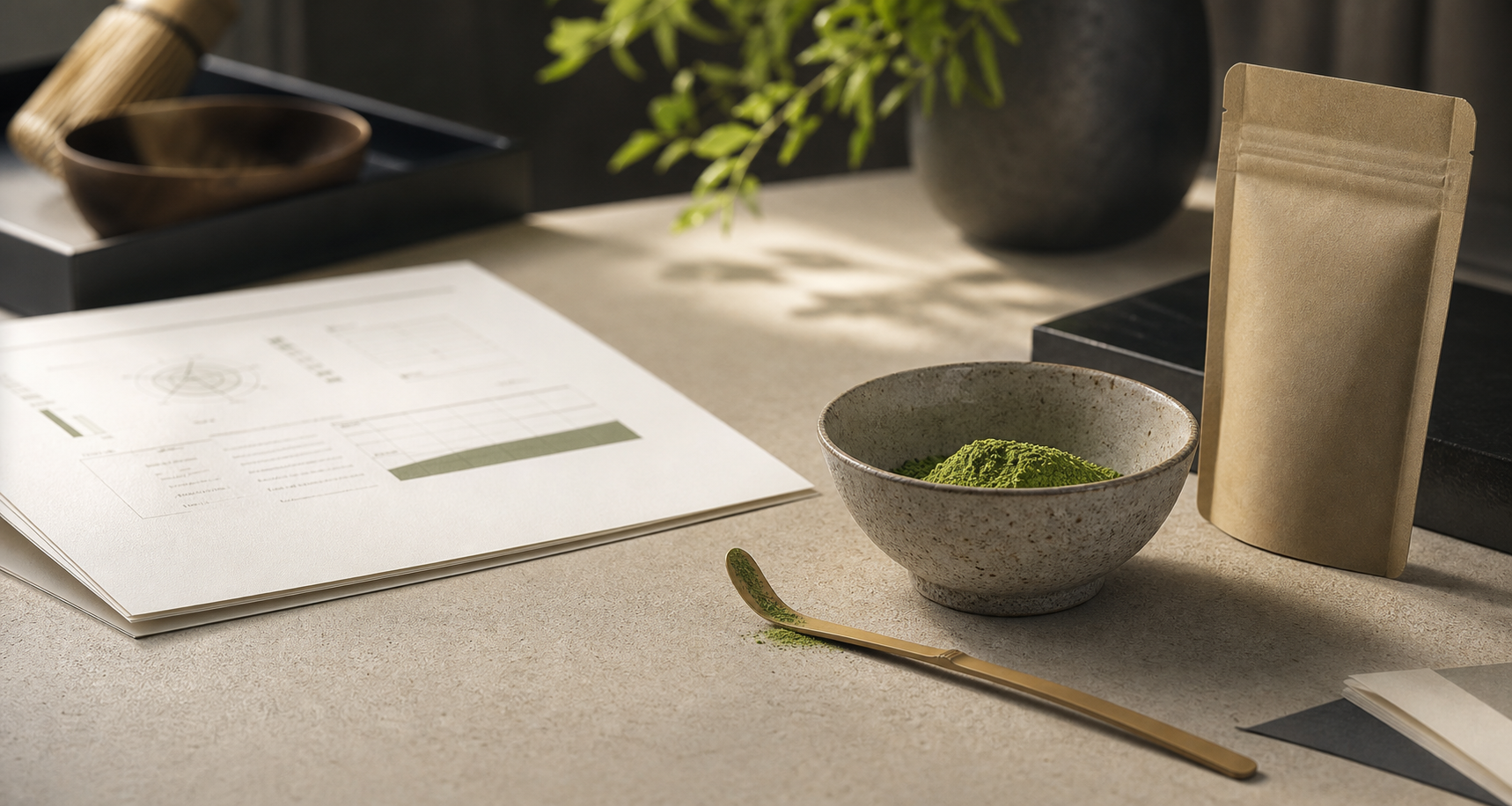 B2B matcha sample evaluation with powder, tea bowl, and specification sheet