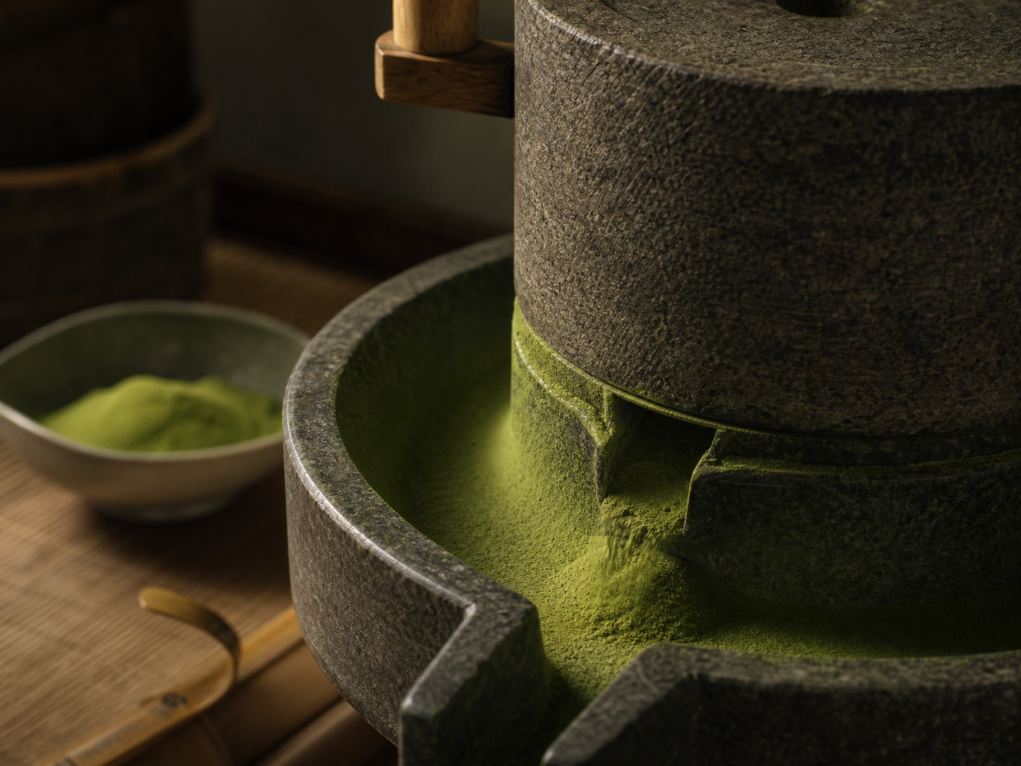 Traditional stone mill grinding tencha into fine matcha powder