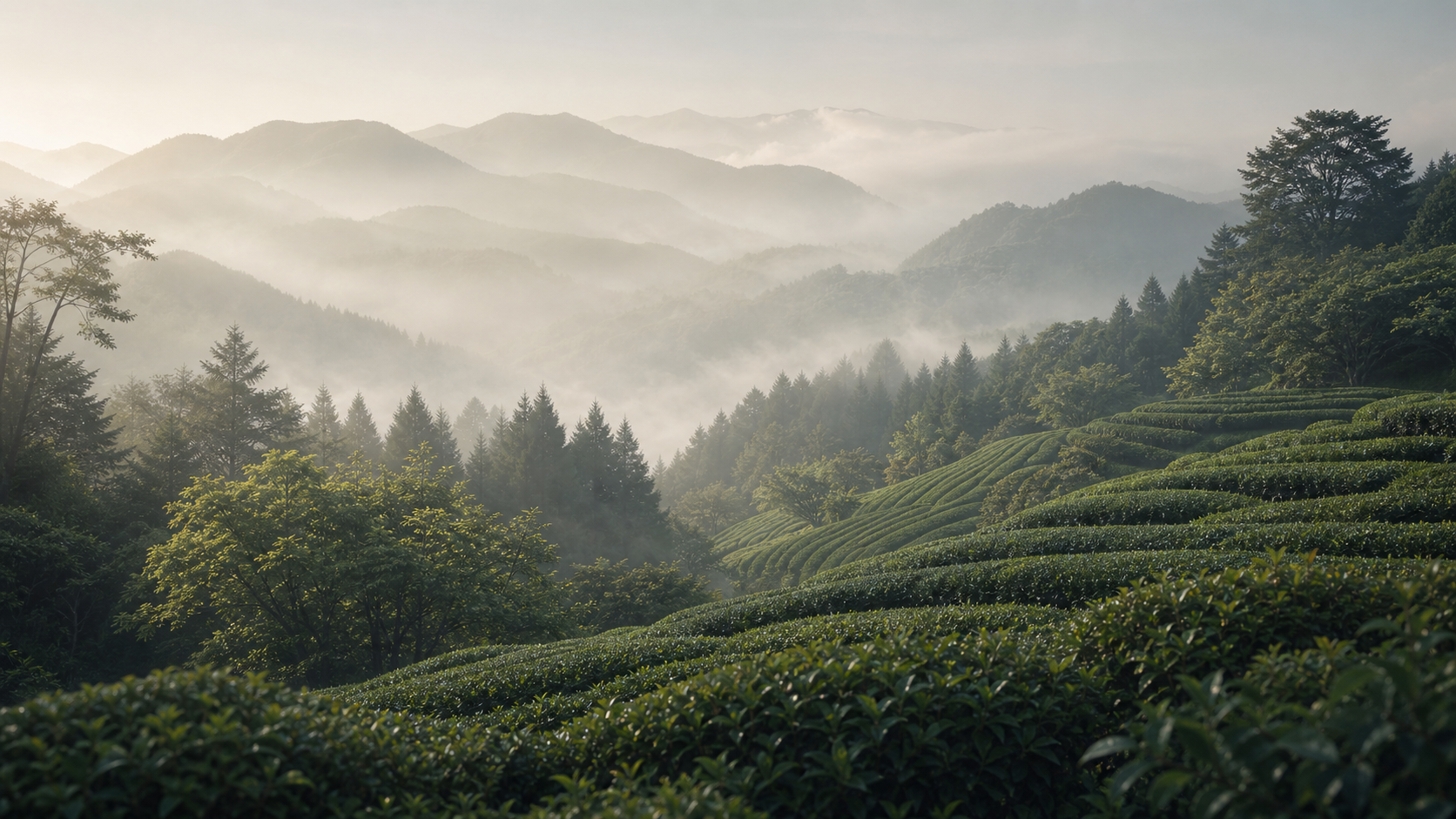 Misty tea fields in Shiga representing Ohmi Matcha terroir