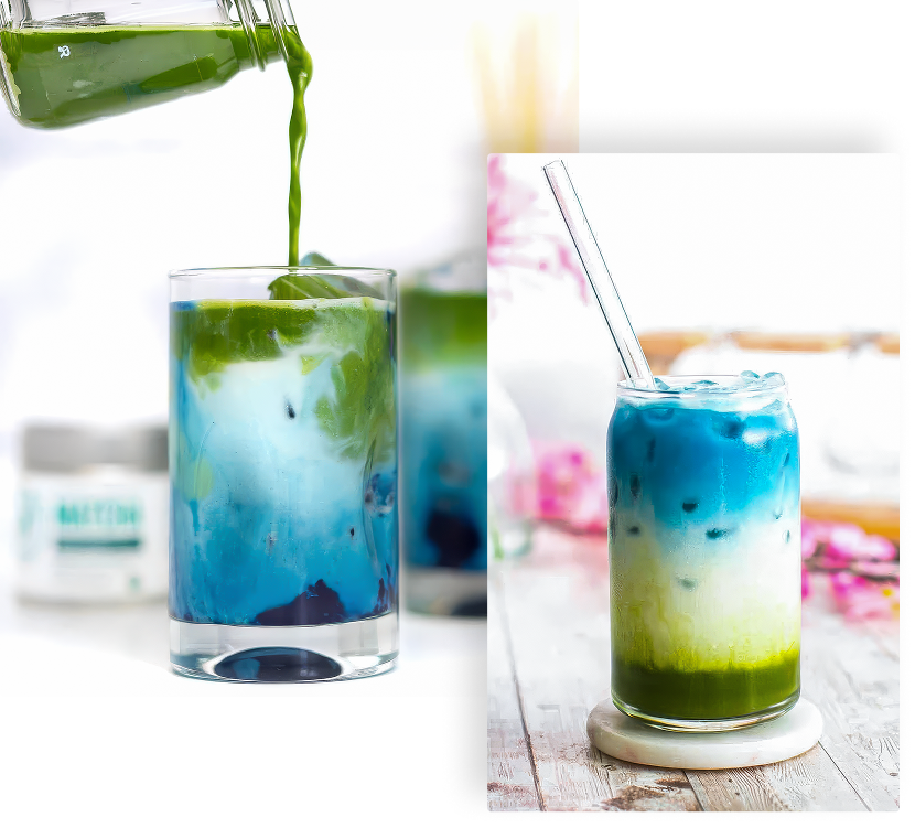 Pouring a green matcha latte and a colorful butterfly pea latte