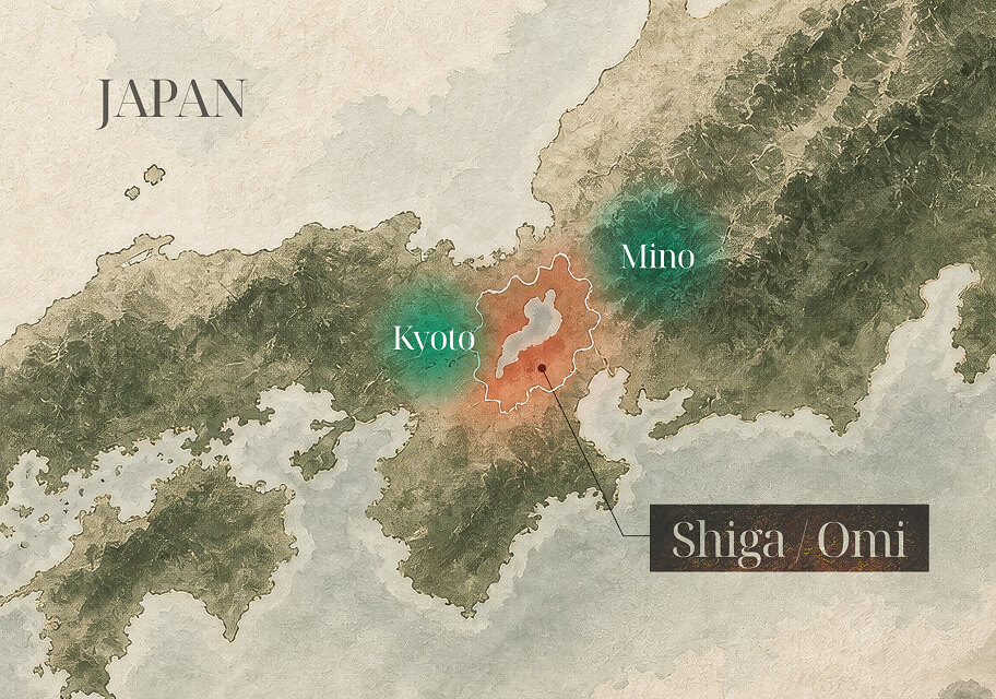 Map of Japan highlighting Kyoto, Mino and Shiga / Omi