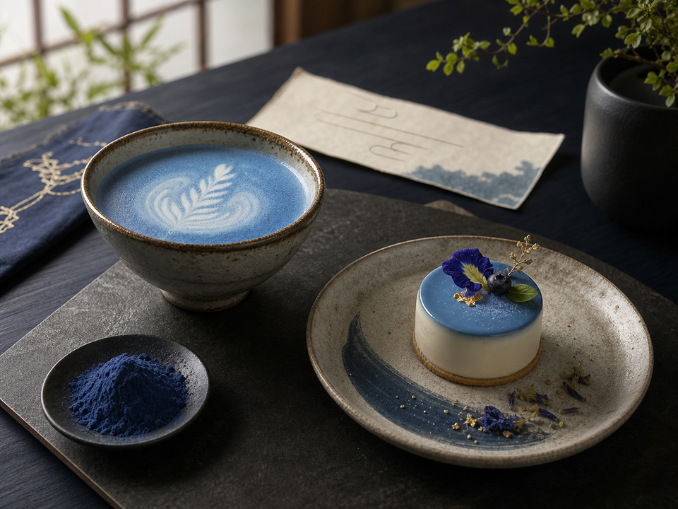 Blue Matcha latte and dessert